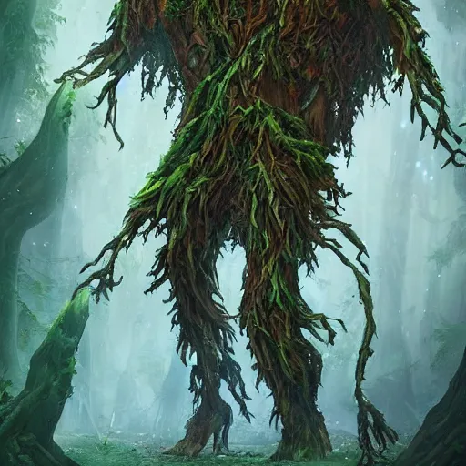 Image similar to giant green old treant creature, treant made of leaves and roots, old treant, old humanoid ents, epic fantasy style, green theme, forest background, hearthstone artwork