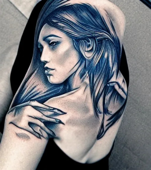 Image similar to tattoo design sketch of a beautiful blue - eyed woman face with a faded background of beautiful mountains and nature on her side, hyper - realistic, in the style of den yakovlev, amazing detail, black and white