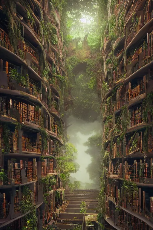 Prompt: a decaying old library, a rainforest growing between the shelves, magical glowing books flying, highly detailed, intricate detail, volumetric lighting, dramatic scenery, beautiful 3 d rendering, octane render, trending on artstation