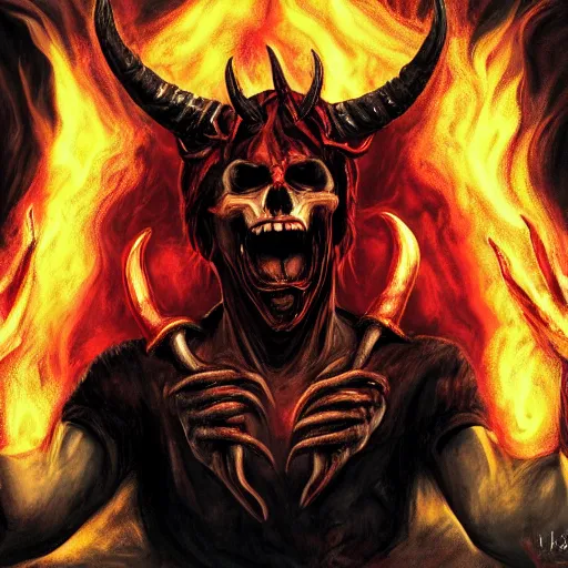 Prompt: the _ devil _ holding _ a _ skull _ red _ horns _ ominous _ fiery _ background _ symmetrical _ detailed _ face _ despair _ highly _ detailed _ high _ resolution _ sandro _ botticel