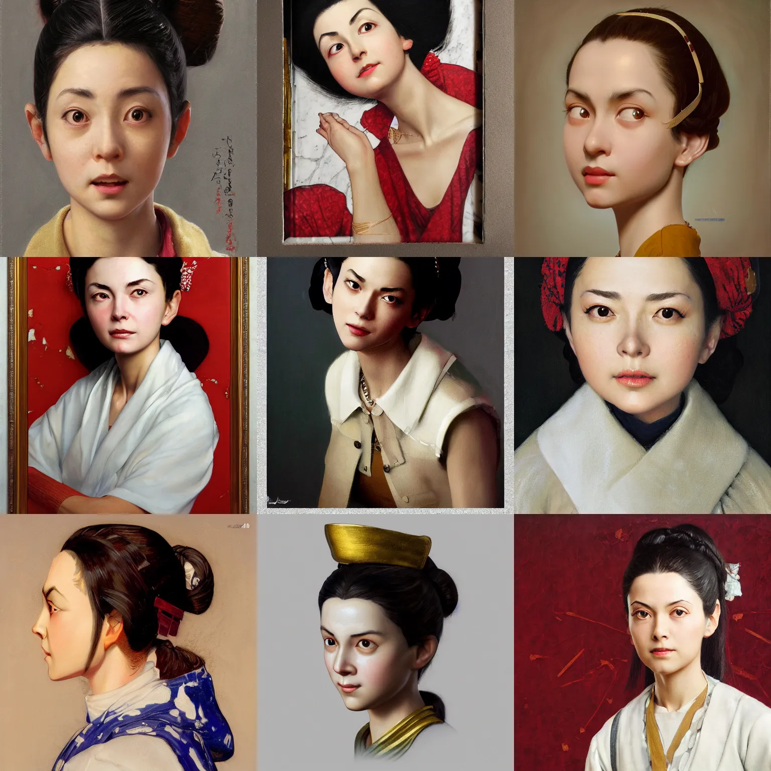 Prompt: a masterpiece portrait painting of nezuko kamad, by norman rockwell, marble, gold, silver, 4 k, 8 k, ultra realistic, hyperrealistic, extreme details, unreal engine 5