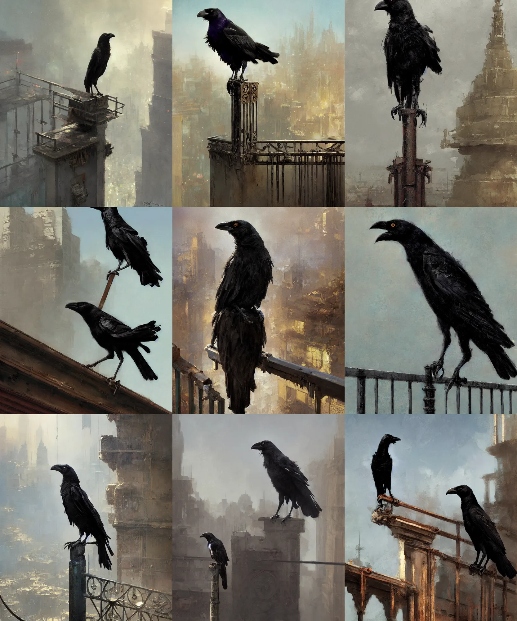 Prompt: digital art painting of a crow standing on a metal railing on top of a building painted by craig mullins and gaston bussiere and greg rutkowski, symmetrical facial features, defined facial features, dramatic lighting