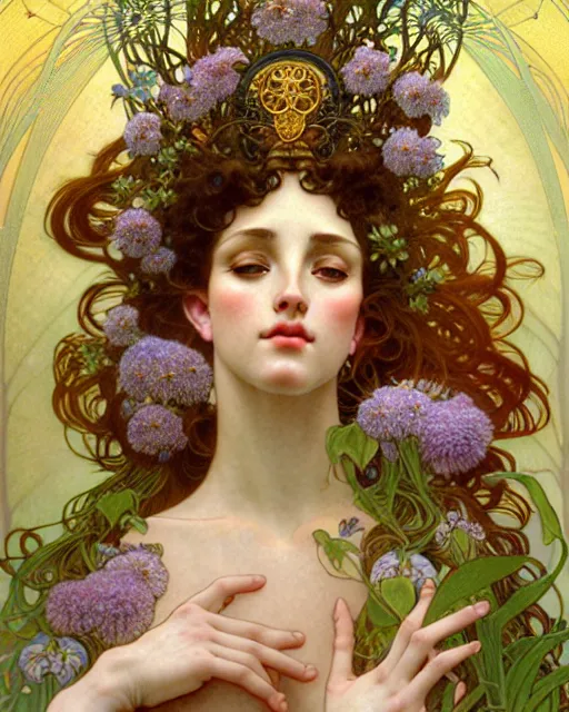 Image similar to goddess of nature, unusual beauty, fauna, flowers, plants, emotionally evoking symbolic metaphors, head in focus, fantasy, ornamental, intricate, elegant, sensual, highly detailed digital painting, artstation, concept art, painterly, golden ratio, sharp focus, illustration, art by Alphonse Mucha and Boris Vallejo and Arcimboldo and Zdzisław Beksiński,