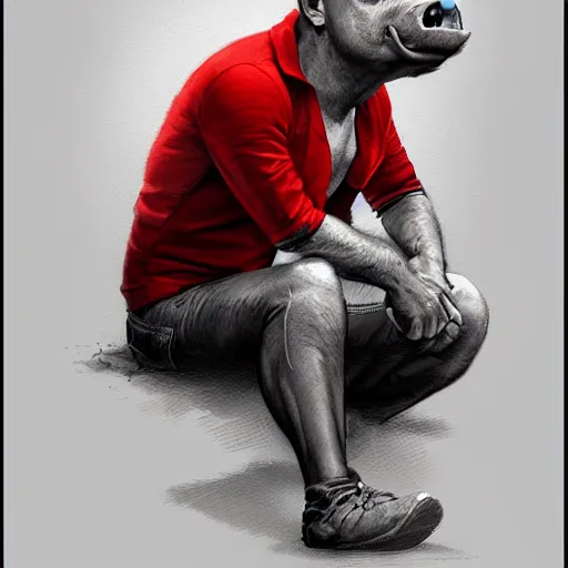 Image similar to portrait of a half man half pig with red shirt ,digital art,photorealistoc,art by greg rutkowski,hyperdetailed,western comic style,comic,comic style,sharp lineart,professional lighting,deviantart,artstation,trevor henderson,rossdtaws,cinematic,dramatic