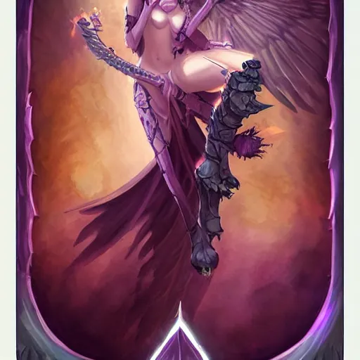 Image similar to Beautiful pale laughing succubus with wings and devil's horns, violet lighting, masterpiece, in hearthstone art style, epic fantasy style art, fantasy epic digital art, epic fantasy card game art