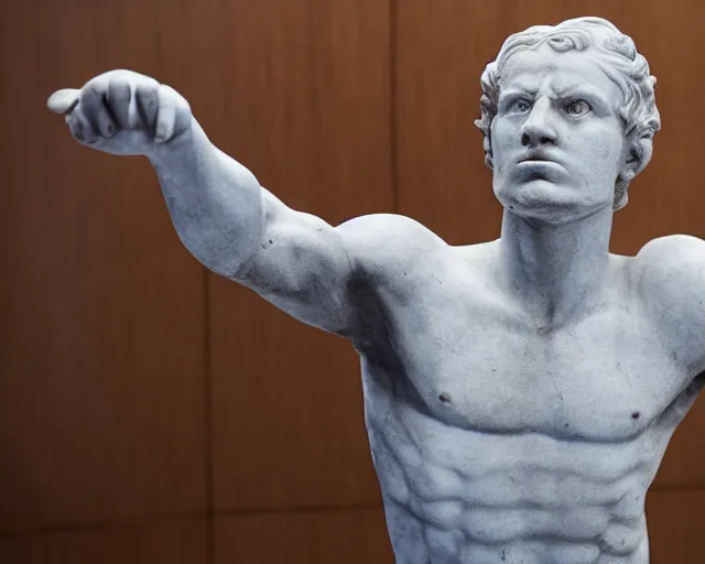 Image similar to Courtroom photograph of a marble statue angry with his attorney