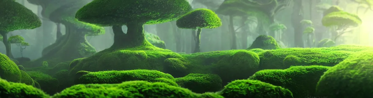 Image similar to closeup magic protection stone sphere covered with moss, in gentle green dawn light, eyvind earle, studio ghibli painting, cinematic lighting, volumetric lighting, smooth, sharp focus, highly detailed, render in unreal engine 5, artstation, deviantart, behance, trending, epic composition, octane, light rays, award - winning