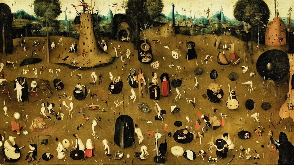 Image similar to The band Radiohead playing music in a garden by Hieronymus Bosch