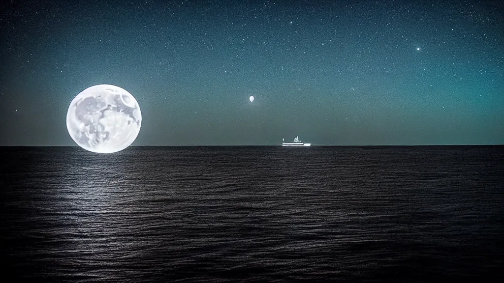 Prompt: a distant ferry sailing through a deep black ocean made of stars. Ethereal lighting. Nighttime setting with the moon reflecting off the water