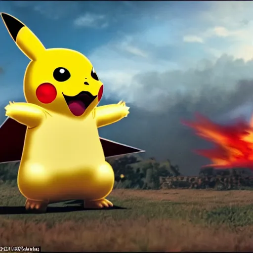 Image similar to ! pikachu! fighting stalin in ww 2 uniform and a mustache, fighting in world war 2, photorealistic, high detail, realistic, sharp focus, smooth edges, soldiers in the background, dramatic, sky on fire with dogfights in the sky. wide angle