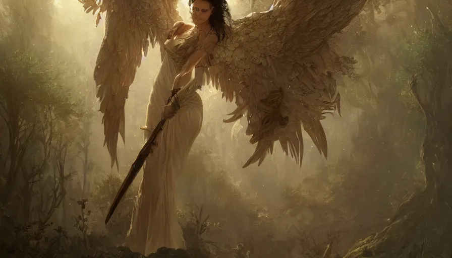 Prompt: A beautiful detailed painting of jennifer connelly as a female angel warrior reigns on a magical forest by greg rutkowski and Kalin Popov , Trending on artstation HD.