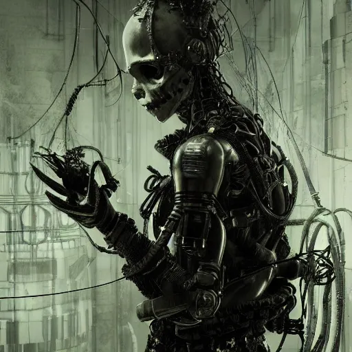 Prompt: in a dark room, a cybergoth hacker, skulls, wires cybernetic implants, machine noir grimcore, in the style of emil melmoth zdzislaw belsinki craig mullins yoji shinkawa realistic render ominous detailed photo atmospheric