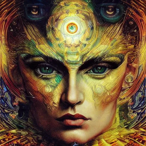 Image similar to Divine Chaos Engine by Karol Bak, Jean Deville, Gustav Klimt, and Vincent Van Gogh, beautiful visionary face portrait, sacred geometry, mystic eyes, otherworldly, fractal structures, ornate gilded medieval icon, third eye, spirals