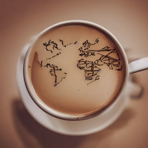 Image similar to Photo of the world map drawn in a cup of coffee, award-winning, golden hour, moody, epic, lightning, 85mm, camera, amazing, talent