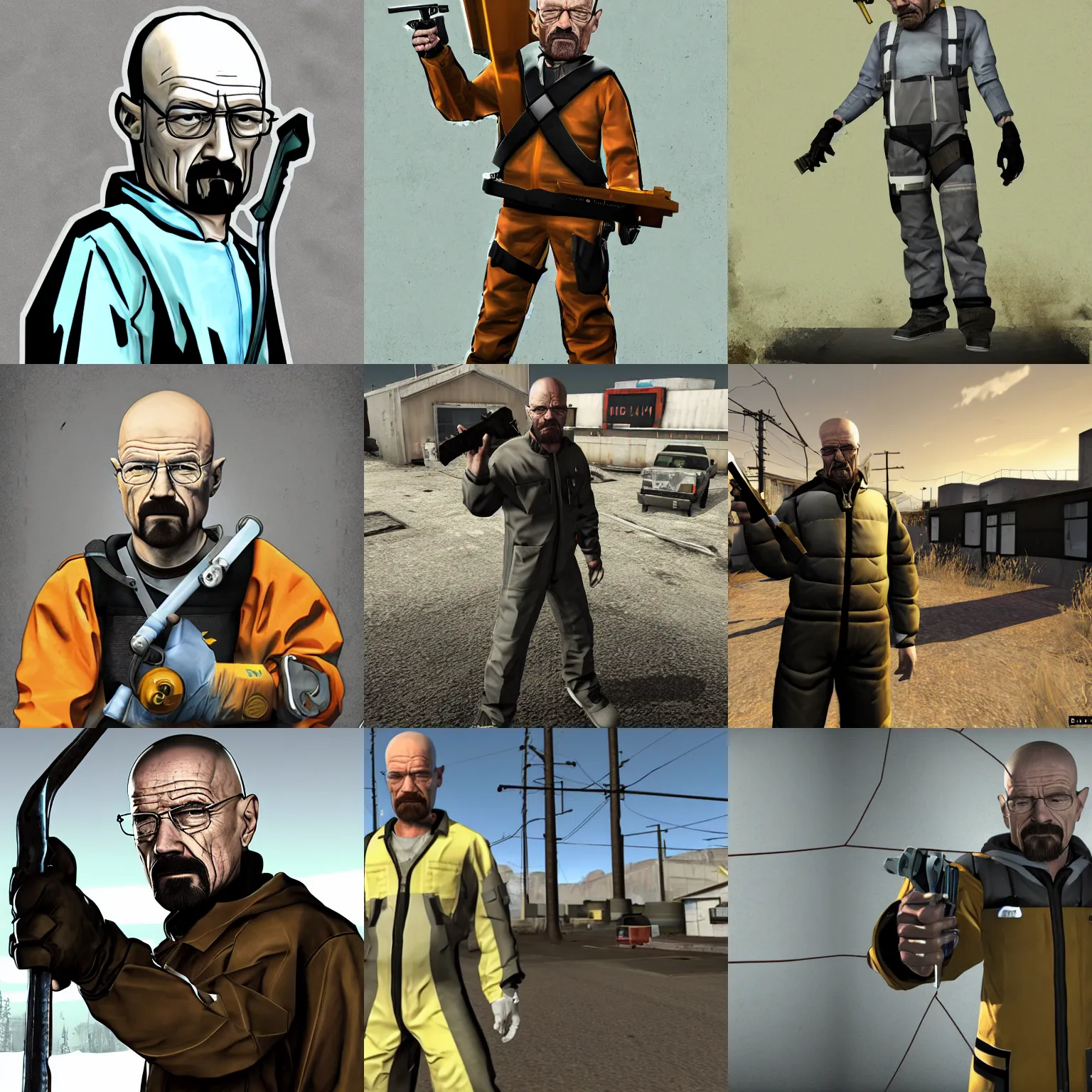 Prompt: Walter white in the style of half life 2, wearing an HEV suit and wielding a crowbar