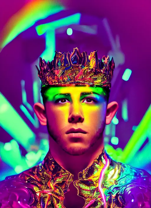 Image similar to photo of baroque and bladerunner delicate neon emerald sculpture of seductive prince nick jonas tigers orange iridescent humanoid deity wearing metallic jungle leaves holding the sun prismatic dungeon, glowing rainbow face, crown of white diamonds, cinematic lighting, photorealistic, octane render 8 k depth of field 3 d