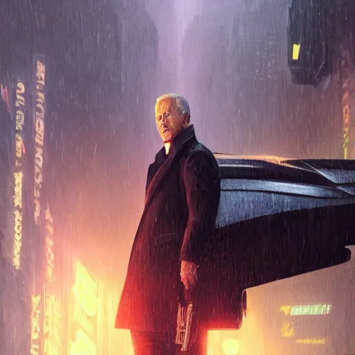 Image similar to Epic cinematic film still of Joe Biden in Blade Runner 2049, D&D, fantasy, intricate, elegant, highly detailed, digital painting, artstation, concept art, smooth, sharp focus, illustration, art by artgerm and greg rutkowski and alphonse mucha