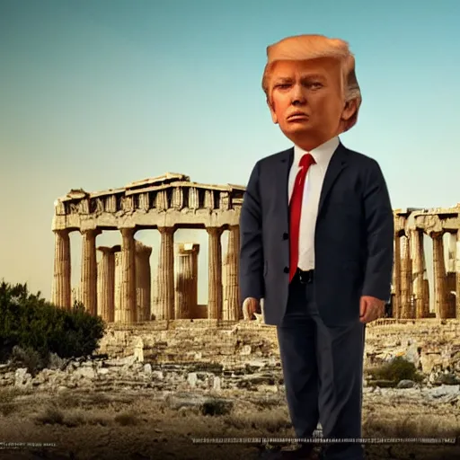 Image similar to Still from movie about an Tiny Donald Trumps invasion Ancient Athens, UFOs, portrait, intricate, 8k highly professionally detailed, HDR, CGsociety