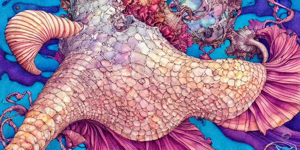Prompt: hyper detailed conch shell, cool color palette + painterly + james jean by Kelly McKernan, yoshitaka Amano, hiroshi yoshida, moebius, loish, artgerm, gothic, inspired by dnd, grimdark aesthetic, painterly, symmetrical and detailed
