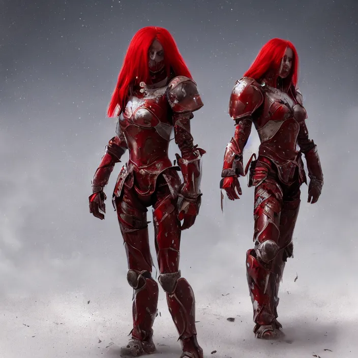 Image similar to a girl with a long red hair wearing a full-body red plate armor standing in a battlefield, anatomically correct, hyperrealistic, concept art, octane render, unreal engine 5, 8K HDR, highly detailed, high quality, fantasy armor