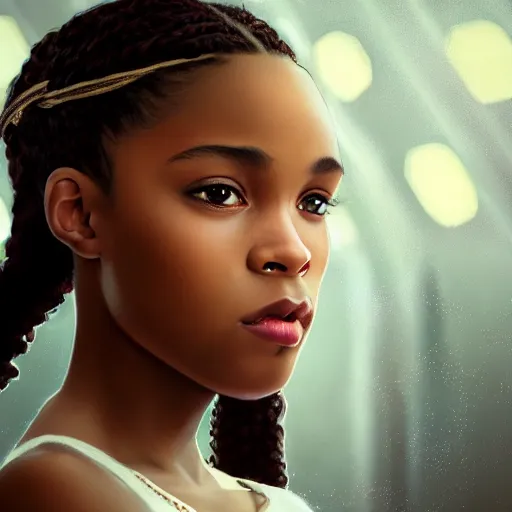 Image similar to a photorealistic hyperrealistic, bright brown eyes, light skinned african american young girl, ponytail hair, flawless face, beautiful lips, cute face, gorgeous white veil, by wlop, artgerm, greg rutwoski, alphonse mucha, beautiful dynamic dramatic low - light moody lighting, cinematic atmosphere, artstation, concept design art, octane render, 8 k