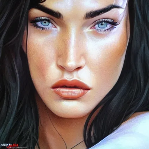 Image similar to megan fox closeup of face. licking lips. hyperrealistic portrait, photo realistic, poster, artstation, volumetric lighting, digital art, very detailed face by magali villeneuve