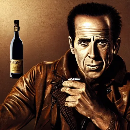 Image similar to a highly detailed epic cinematic concept art CG render digital painting artwork costume design: Humphrey Bogart, old scars, long hair, grizzled, tired, in an old 1950s leather jacket, with a bottle of whisky in hand. By Greg Rutkowski, Ilya Kuvshinov, WLOP, Stanley Artgerm Lau, Ruan Jia and Fenghua Zhong, trending on ArtStation, made in Maya, Blender and Photoshop, octane render, excellent composition, cinematic atmosphere, dynamic dramatic cinematic lighting, aesthetic, very inspirational, arthouse