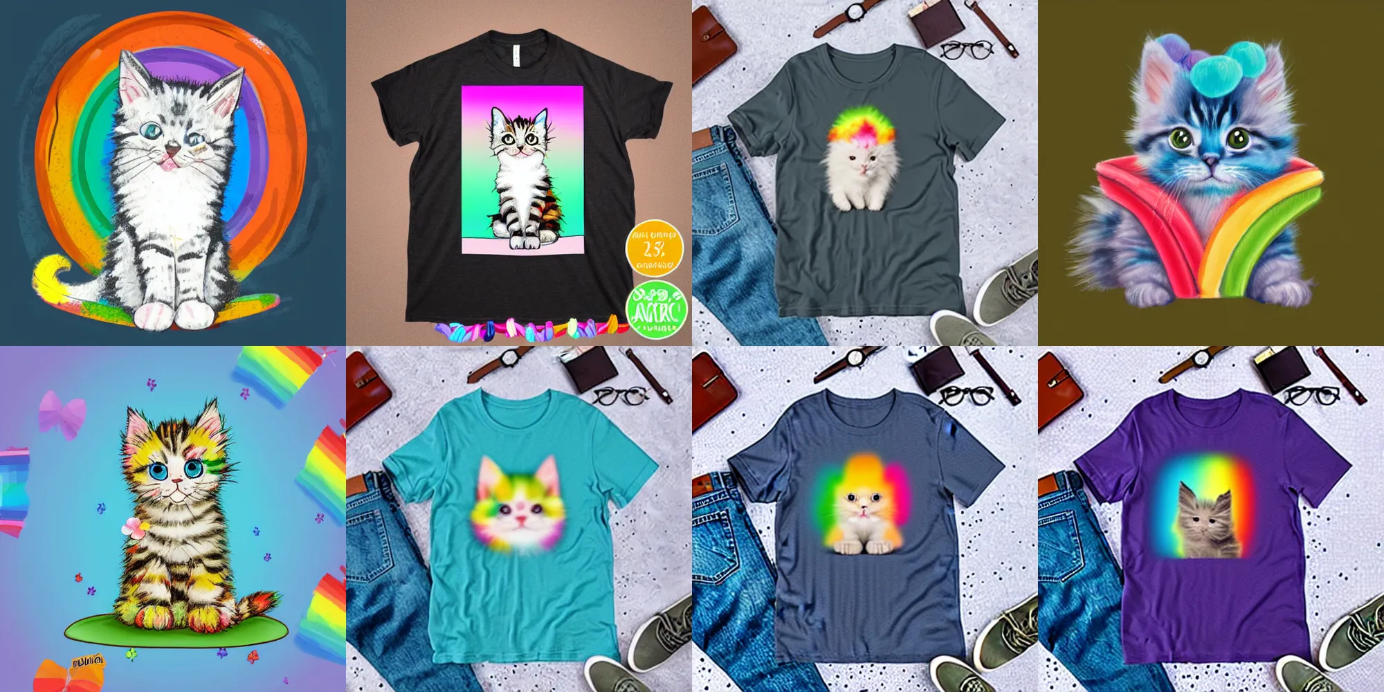 Prompt: cute fluffy rainbow kitten is sitting sweetly while wearing Hawaiian t-shirt, simple background, digital art