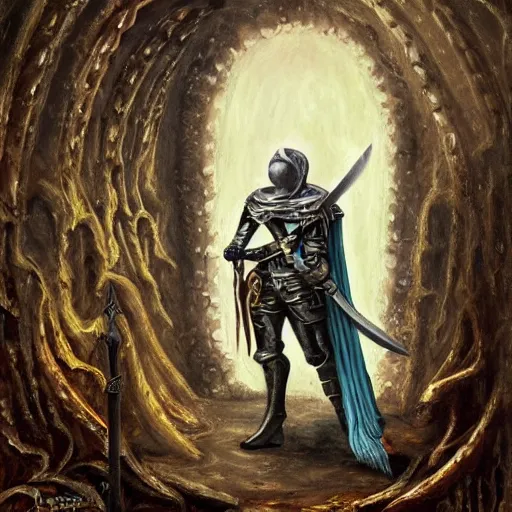 Prompt: arrogant knight casually pokes his sword into the abyssal portal, only to be met with unimaginable horrors from beyond, dark fantasy, oil painting, high detail