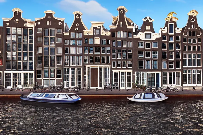 Image similar to view of houses in amsterdam, with water and boats, photography, 3 5 mm, hyper realistic, 8 k, unreal engine, hyper realistic illustration 8 k happy lighting