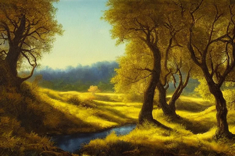 Prompt: masterpiece painting of oak trees on a hillside overlooking a creek, dramatic lighting