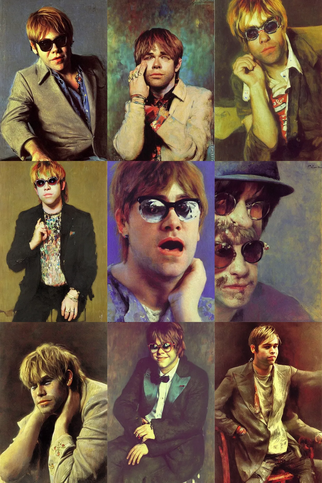 Prompt: Portrait of Elton John Cobain in 1970 by Ilya Repin