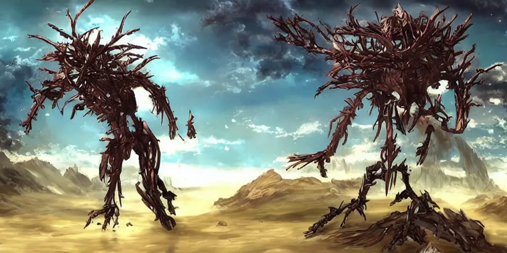 Image similar to sci - fi anime exoskeleton creature fighting the ancient tree god on a vast desert island, cinematic, high fantasy, maximalist, epic