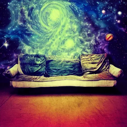 Image similar to psychedelic trippy couch in space, planets, milky way, sofa, rob zombie, arnold fischer, croissant, 1 9 9 0 grunge basement, richard parker, extremely toxic, forensic files, crazy trippy, bad trip, train with couch, chesterfield, old couch, rickety couch, stained couch