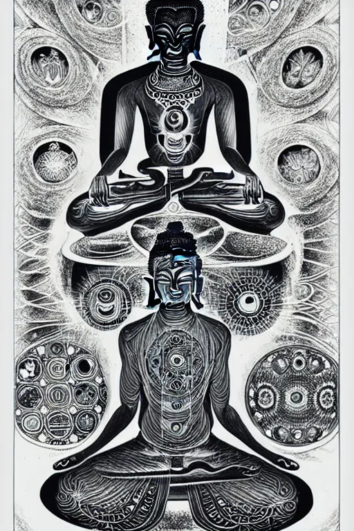 Image similar to a black and white drawing of chakra awakened ancient futuristic buddha meditating, bioluminescence, a detailed mixed media collage by eduardo paolozzi and ernst haeckel, intricate linework, sketchbook psychedelic doodle comic drawing, geometric, deconstructivism, matte drawing, academic art, constructivism