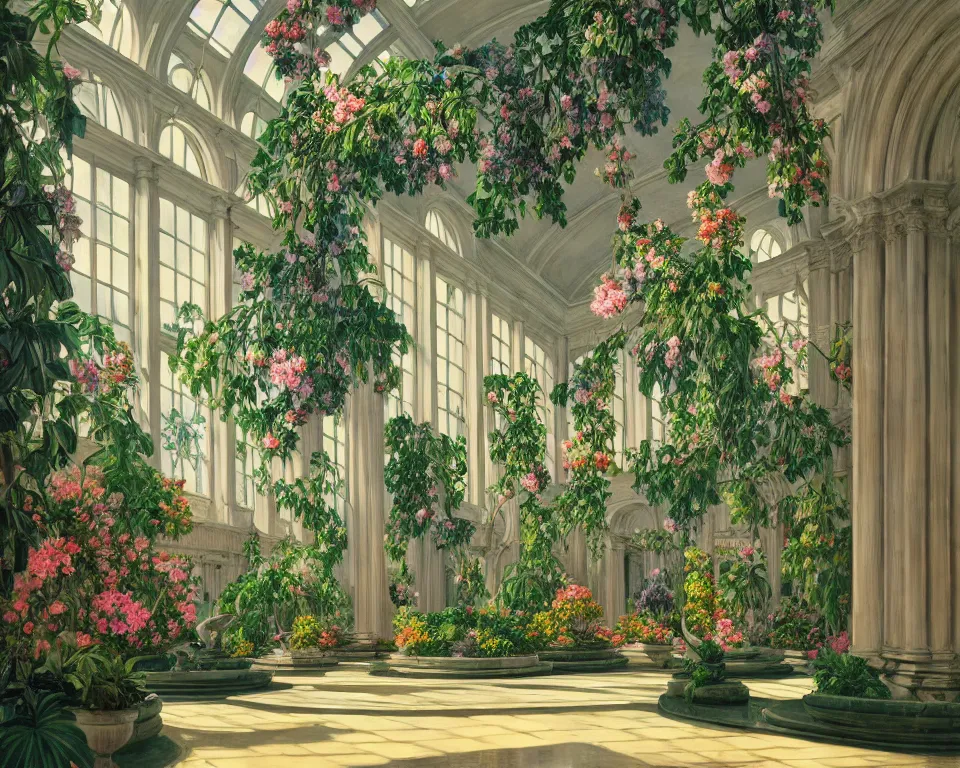 Prompt: an achingly beautiful print of the interior of a beaux arts botanic garden, featuring marble fountains, blooming tropical flowers, hanging Tiffany lamps, and classical antiquities by Raphael, Hopper, and Rene Magritte. detailed, romantic, enchanting, trending on artstation.