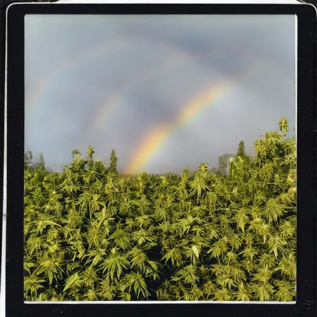 Prompt: very beautiful polaroid photo of a cannabis meadow near a pond on a clear day with a rainbow