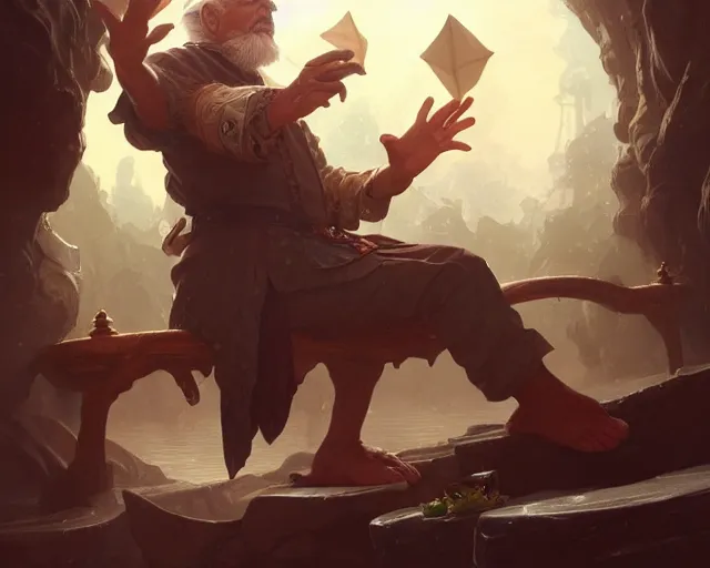 Prompt: an old man floating, deep focus, d & d, fantasy, intricate, elegant, highly detailed, digital painting, artstation, concept art, matte, sharp focus, illustration, hearthstone, art by artgerm and greg rutkowski and alphonse mucha