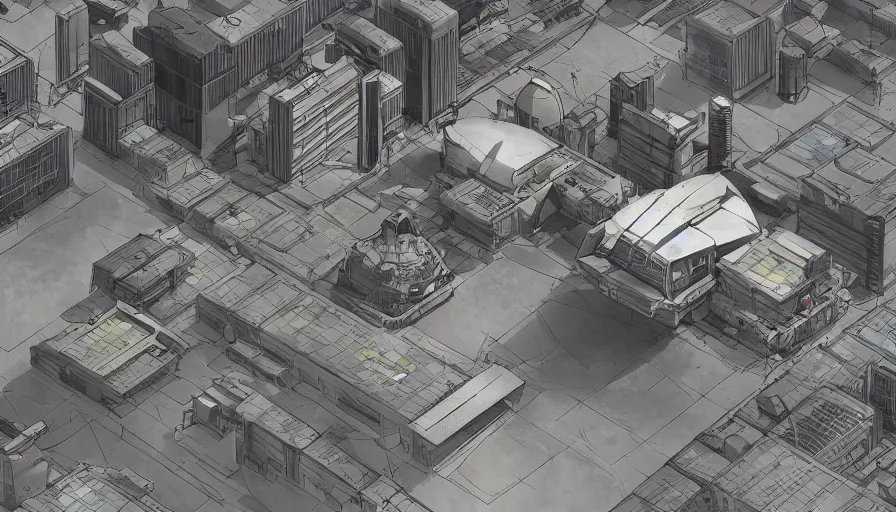 Image similar to Concept Art Illustration of neo-Tokyo Bank Headquarters Map, in the Style of Akira, Syndicate Corporation, Anime, Dystopian, Highly Detailed, Helipad, Special Forces Security, Blockchain Vault, Searchlights, Shipping Docks, For multiplayer Stealth fps bank robbery simulator, Unreal engine 5, Akira Color Palette, Inspired by MGS2 + Ghost in the shell SAC + Cowboy Bebop, 8k :4 by Arc System works + Katsuhiro Otomo : 8