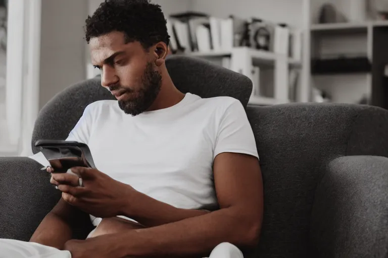 Prompt: a man that is deep in thought is wearing a white t - shirt and he is wearing black sweat pants and he is wearing over the ear headphones and he is relaxing in a brown leather chair that is in the reclining position