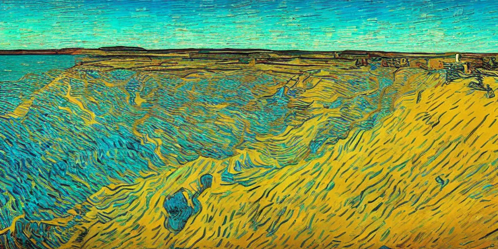 Image similar to a beach between two valley, by Salvador Dali and Van Gogh collaboration, sun set, digital art, high details, drone wide shot