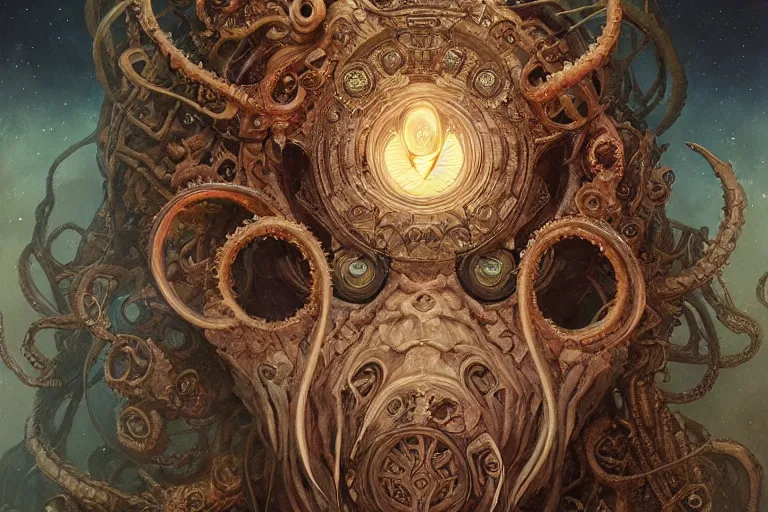 Image similar to a lovecraftian painting of cthulhu face of cosmic horror, cosmic horror elements, ultra realistic, concept art, intricate details, eerie, highly detailed, photorealistic, octane render, 8 k, unreal engine. art by artgerm and greg rutkowski and alphonse mucha