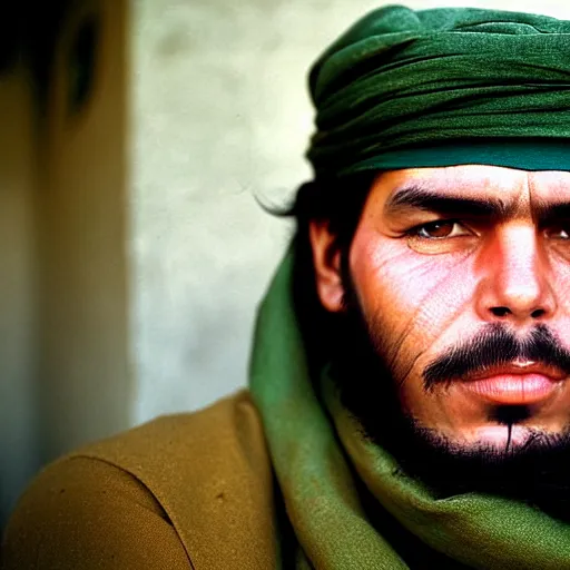 Image similar to portrait of che guevara as afghan man, green eyes and red scarf looking intently, photograph by steve mccurry