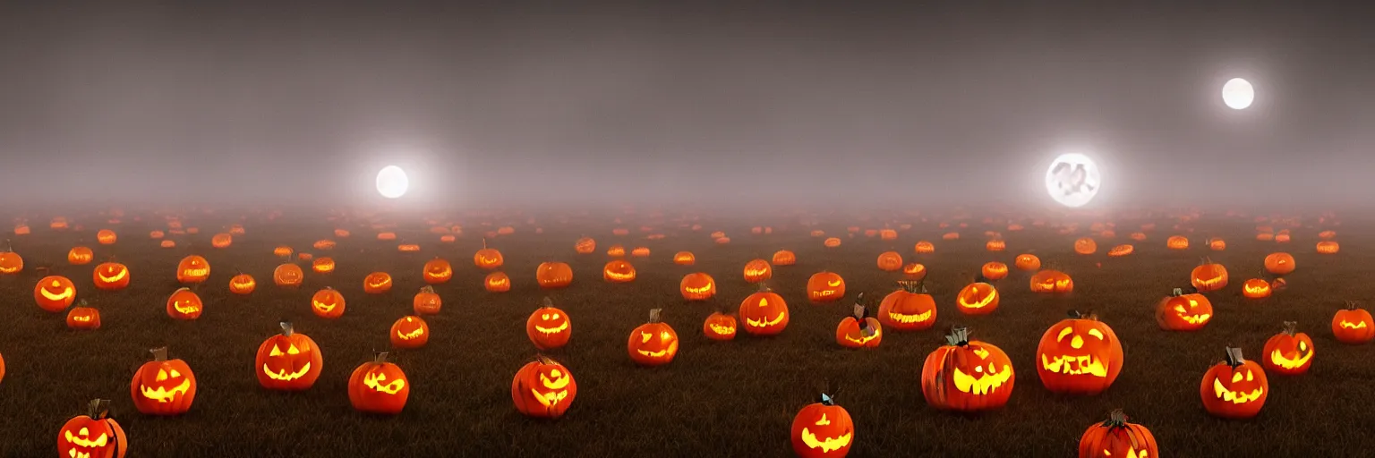 Image similar to A field of scary Halloween pumpkins with eyes looking straight into camera, full moon lighting, foggy November atmosphere, cinematic lighting, photo realistic image, 4K, unreal engine, super detailed, cinematic look