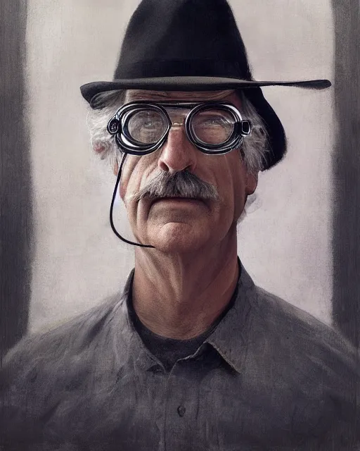 Image similar to Portrait Sam Elliott wearing safety goggles and black cloat by charlie bowater elina brotherus greg rutkowski Dan Witz paul klee jamie wyeth victo ngai