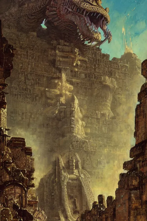 Image similar to a kaiju towers over a mayan temple, by norman rockwell, jack kirby, jon berkey, earle bergey, craig mullins, ruan jia, jeremy mann, tom lovell, marvel, astounding stories, 5 0 s pulp illustration, scifi, fantasy, artstation creature concept