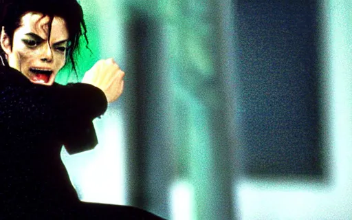 Image similar to Michael Jackson as Neo fighting Agent Smith, Still from The Matrix (1999)