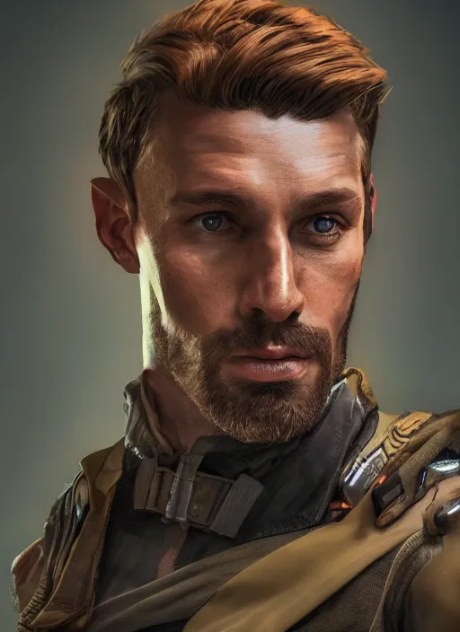 Image similar to A comic book style portrait painting of a male ranger, unreal 5, DAZ, hyperrealistic, octane render, wastelander, dynamic lighting