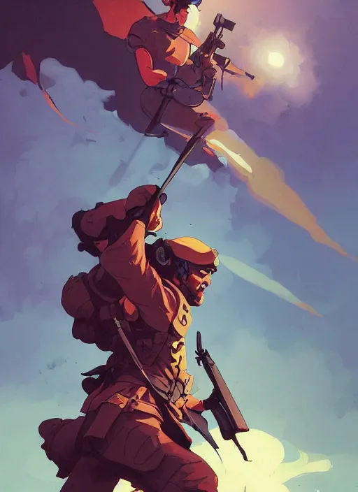 Prompt: a french soldier charging into battle, heroic, glorious, in the style of artgerm, gerald brom, atey ghailan and mike mignola, vibrant colors and hard shadows and strong rim light, plain background, comic cover art, trending on artstation