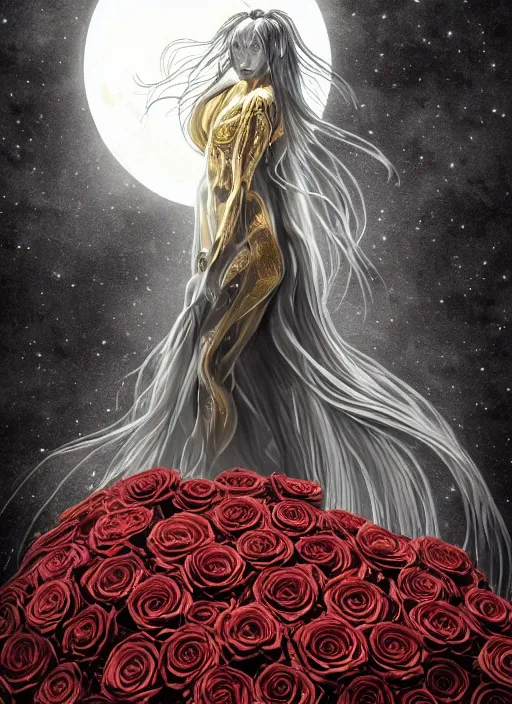 Image similar to silver and golden elements at frame borders, portrait, A beautiful dark witch in front of the full big moon, book cover, red roses, red white black colors, establishing shot, extremly high detail, foto realistic, cinematic lighting, pen and ink, intricate line drawings, by Yoshitaka Amano, Ruan Jia, Kentaro Miura, Artgerm, post processed, concept art, artstation, matte painting, style by eddie, raphael lacoste, alex ross